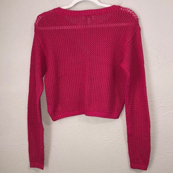 The Drop Size S Women's Asher Long Sleeve Cropped Cotton Crochet Top in Hot Pink - Picture 2 of 5